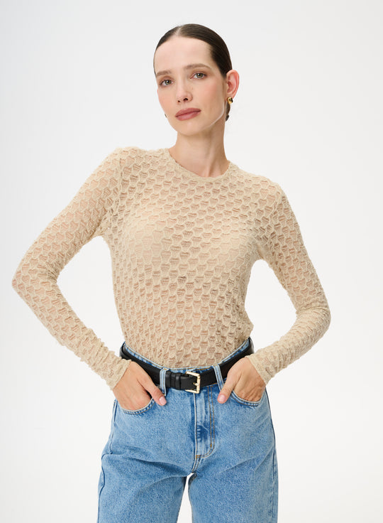 Longsleeve z elastycznej dzianiny ze strukturą w kolorze beżowym- Faro
