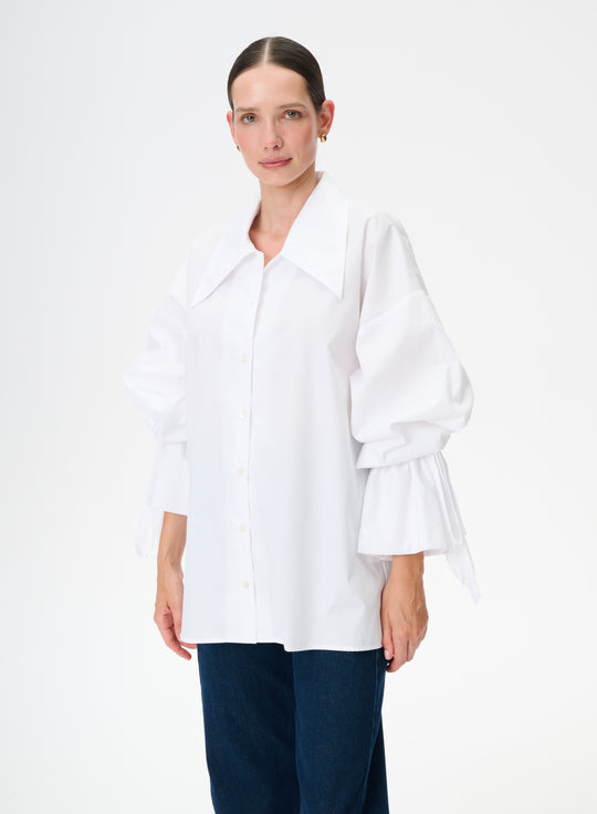 Cotton shirt with ties on the sleeves in white - Rosa