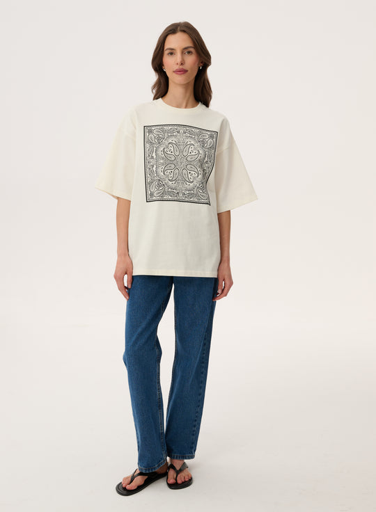 T-shirt oversize z nadrukiem bandany w kolorze ecru - Weston