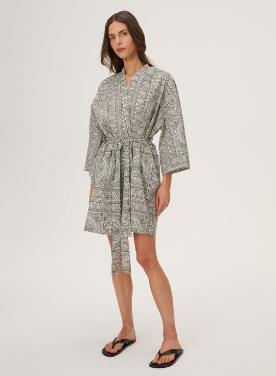 Kimono z bawełny we wzór bandany w kolorze ecru - Liu